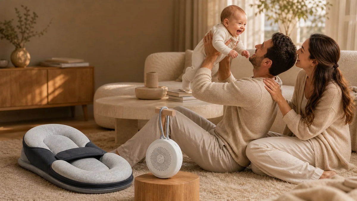 Familia con bebé y productos Elunsia en un salón cálido